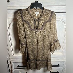 Original Frenchi Brown Polka Dot Ruffle‎ Lace Babydoll Mini Dress Boho Flowy